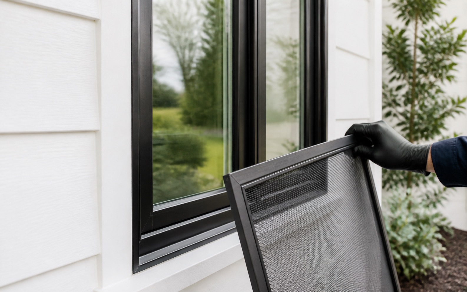 Clean window screen being checked beside a spotless black-framed exterior window