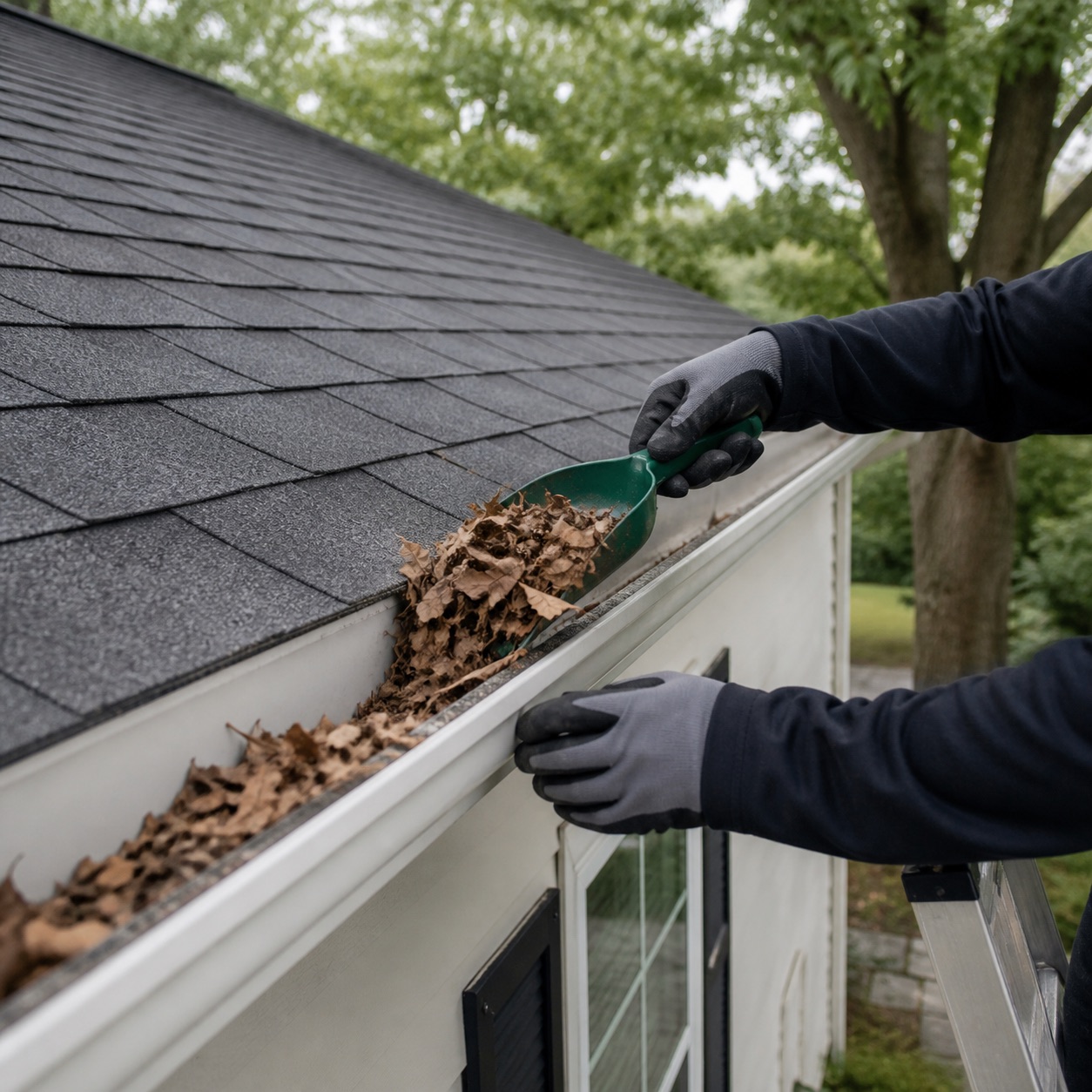Gloved technician clearing dry leaves from a residential gutter