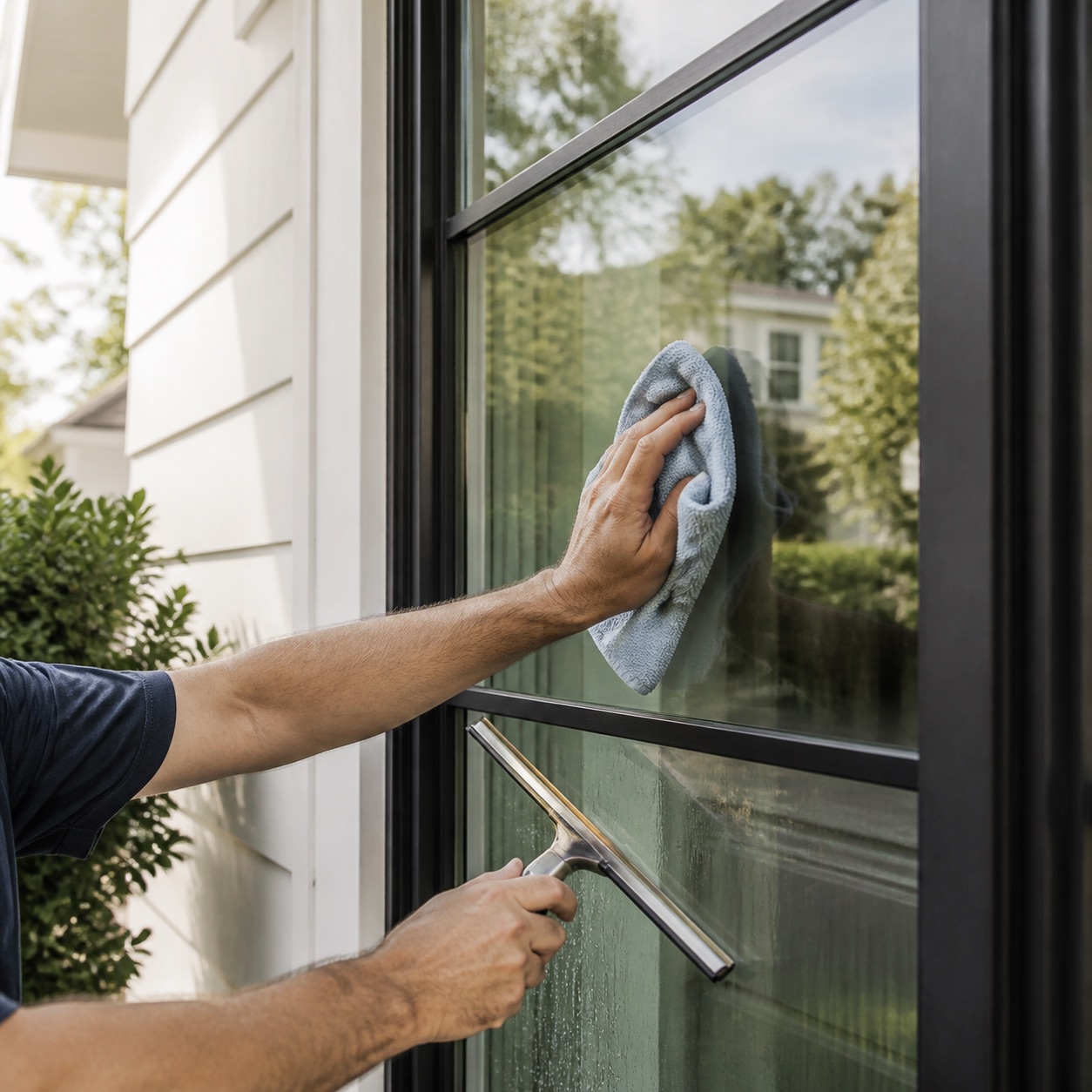 Technician cleaning a black-framed exterior window with a microfiber cloth and squeegee